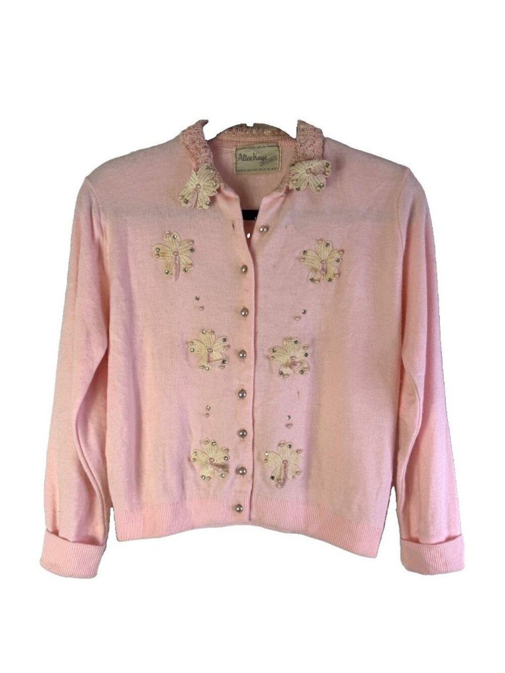 Vintage 60s Cardigan Sweater Pink Floral Applique Mod Rockabilly